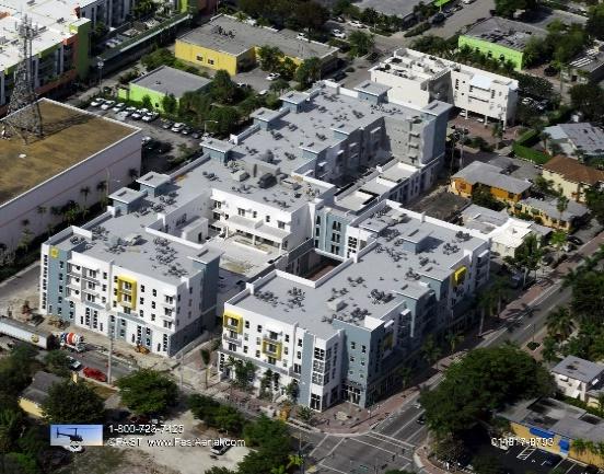 Aerial view of urban apartment complex.