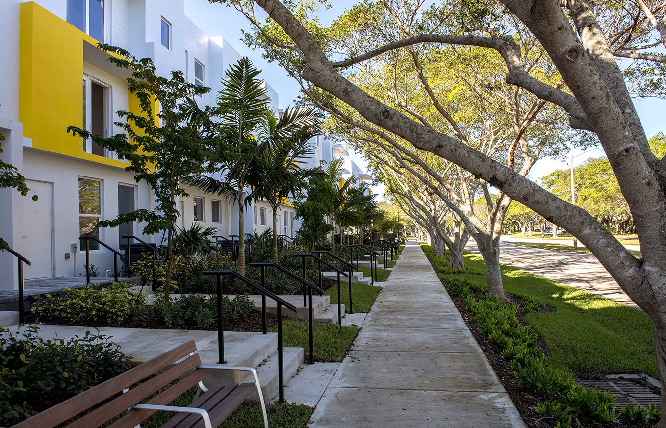 Sunny walkway lined with trees and greenery beside apartment buildings.