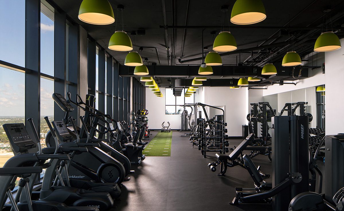 Modern gym interior with cardio and strength equipment under industrial lighting.