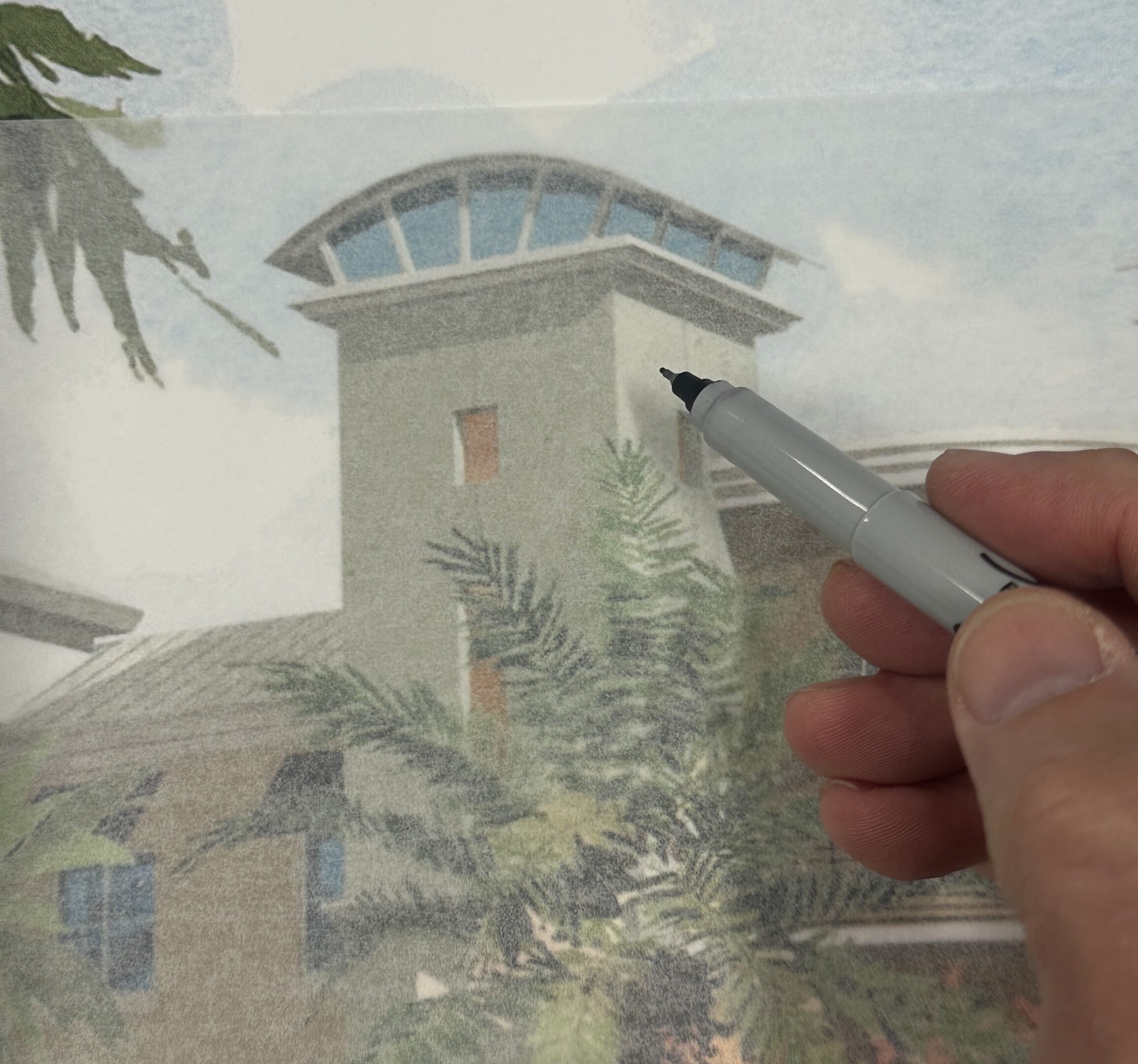 Hand drawing a modern building with trees around it.
