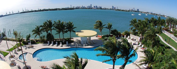 Resort pool overlooking a coastal city skyline with palm trees and blue waters.