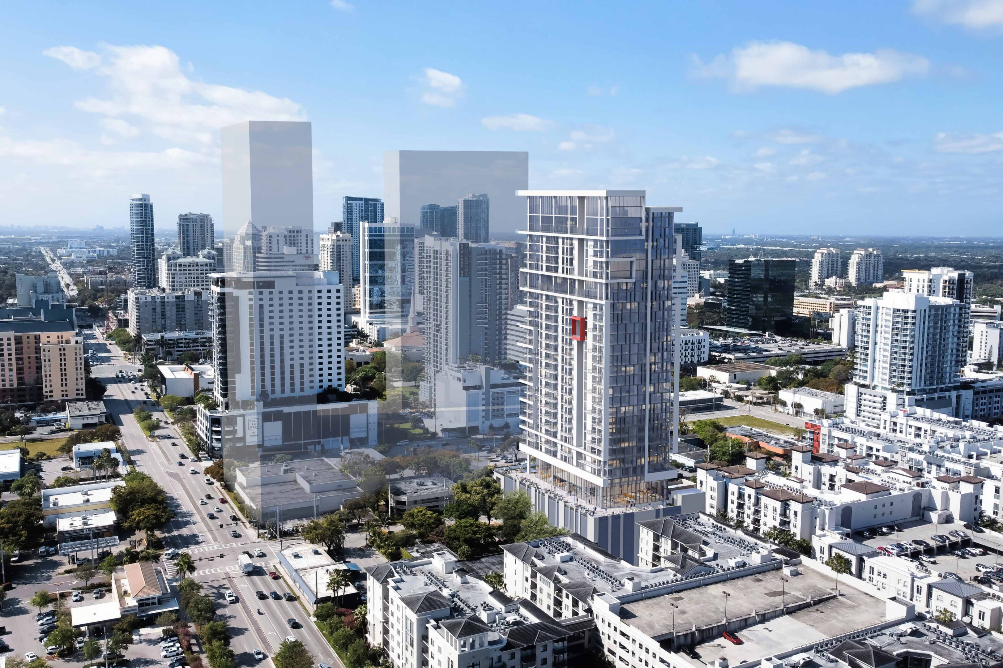 A vibrant cityscape with modern high-rise buildings under a clear blue sky.