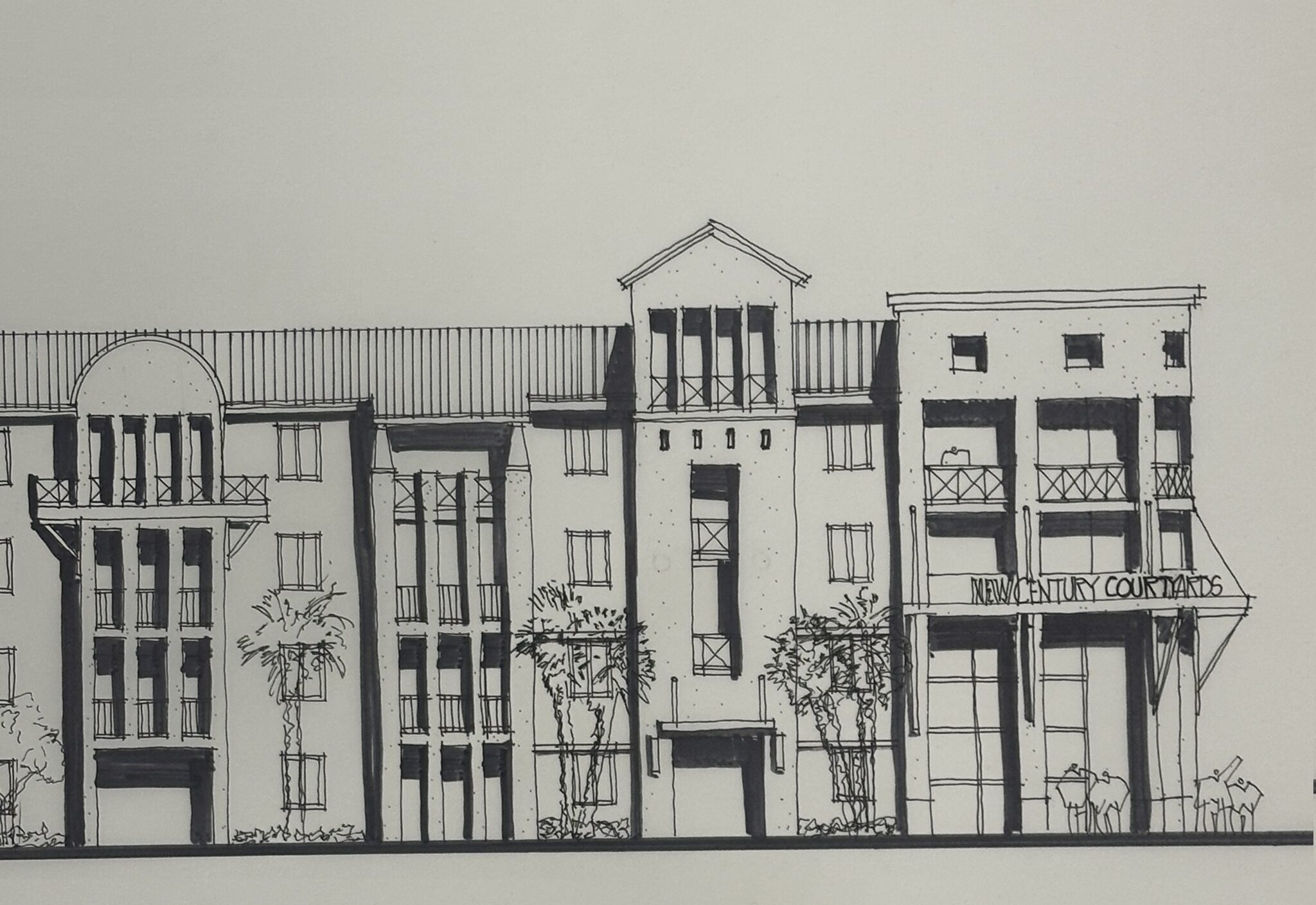 Architectural drawing of a multi-story building with detailed windows and trees.